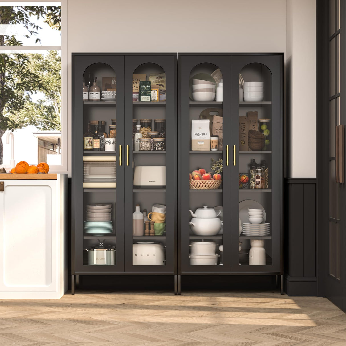 RGGCABINET Display Cabinet, Metal Curio Cabinets with Glass Doors, Black Kitchen Pantry Cabinet, 71" Tall Storage Cabinet with Adjustable Shelves, Lego Glass Cabinet for Dining Room, Home Office RGGCABINET
