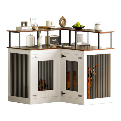 Corner Dog Crate Furniture, Decorative Dog Crate with Double Door Wooden Dog Crate Kennel Furniture with Divider Furniture Style Dog Crate End Table for Indoor Use (Black and White)