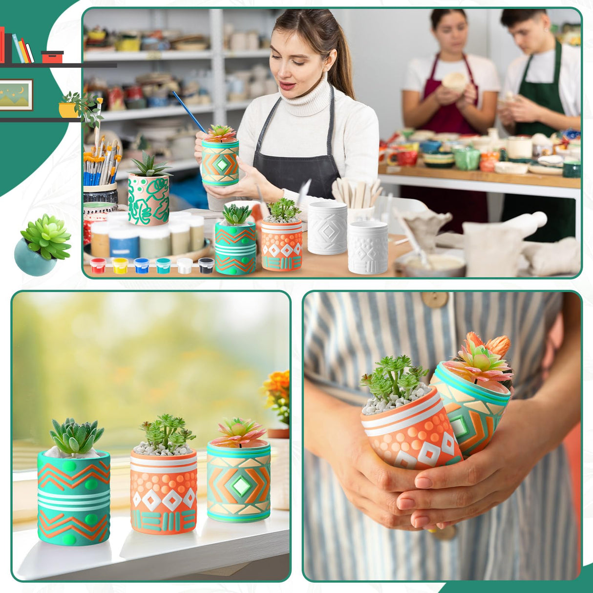 SiliFine Set of 11 Paint Your Own Kit DIY Flower Pot Painting Includes 8 Pcs Unpainted Ceramic Succulent Planters 2 Pcs Color Paints 1 Set Paint Brushes for Classroom Craft Activity (Bohemian) SiliFine