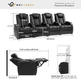 Weilianda Home Theater Seating, Top Grain Leather Zero Gravity Movie Seats Recliner Sofa, Reclining Gaming Couch with Power Lumbar 7 Colors Ambient Lighting USB C Charge Row of 4 Black Weilianda