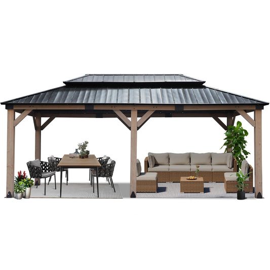 FAB BASED 12x20FT Hardtop Wood Gazebo, Natural Solid Cedar Frame Gazebo with 2-Tier Vented Roof, Outdoor Metal Canopy Pavilion for Deck, Garden, Backyard, Lawn - Only Frame - WoodArtSupply