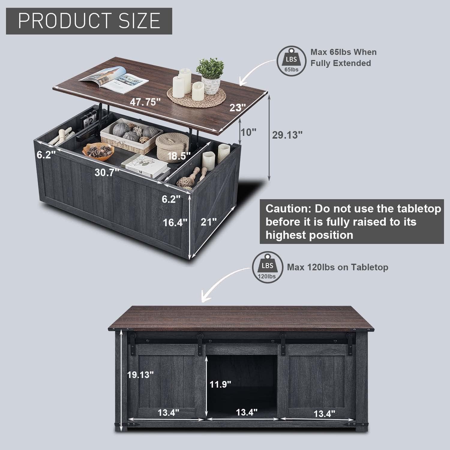 IFGET Lift Top Coffee Table with Double Storage Spaces, Farmhouse Rustic Wood Center Table with Sliding Groove Barn Door, Coffee Table Converts to Dining Table for Living Room Office (Dark Gr - WoodArtSupply