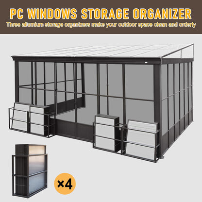 Domi Lean-to Sunroom 12x14FT, Wall Mounted Solarium with Sloping Polycarbonate Roof, Detachable Polycarbonate Screens, 2 Lockable Sliding Doors, Aluminum Gazebo Against Wall Sun Room for Pati - WoodArtSupply