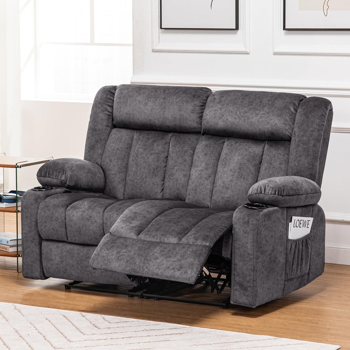 COMHOMA Manual Recliner Couch，Fabric Reclining Sofa Chair with Cup Holders, Upholstered ReclinerChair Set with Side Pockets Suitable for Living Room Furniture (2) COMHOMA
