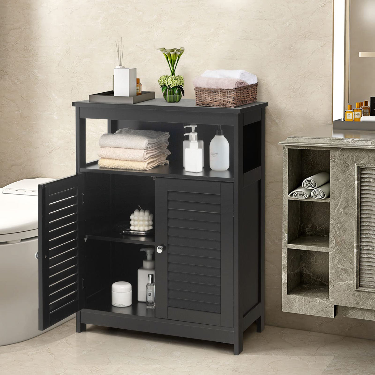 COSTWAY Bathroom Storage Cabinet, Wooden Side Storage Organizer with Louver Doors & Removable Shelf, Freestanding Floor Cabinet for Living Room, Kitchen, Entryway (Black) COSTWAY