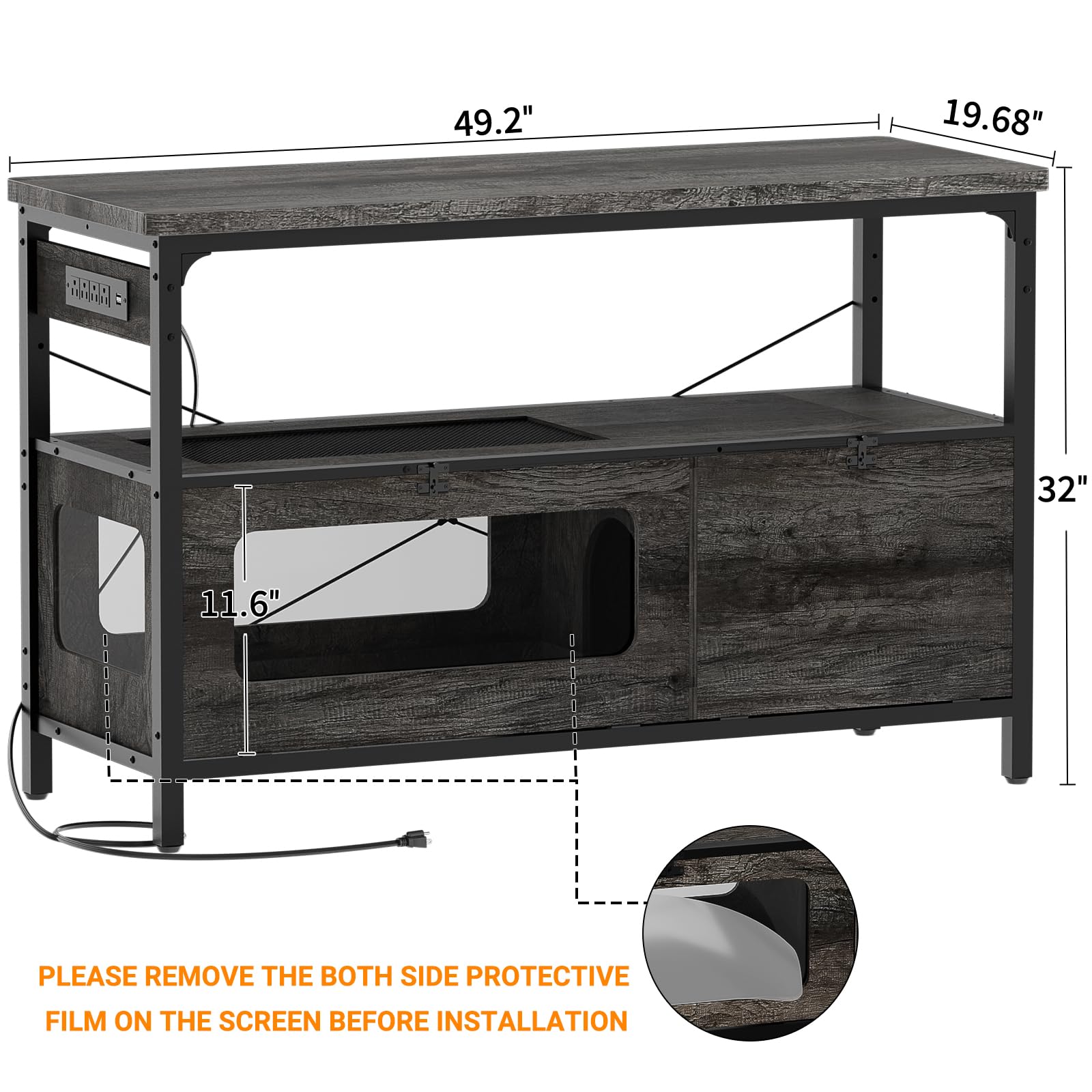 Hyomdeck 55-75 Gallon Fish Tank Stand with LED Light, Aquarium Stand with Outlet and Storage, 49.2" Reptile Terrarium Tank with Lockable Door, Observable Screen and Top Ventilation Mesh, Gray - WoodArtSupply