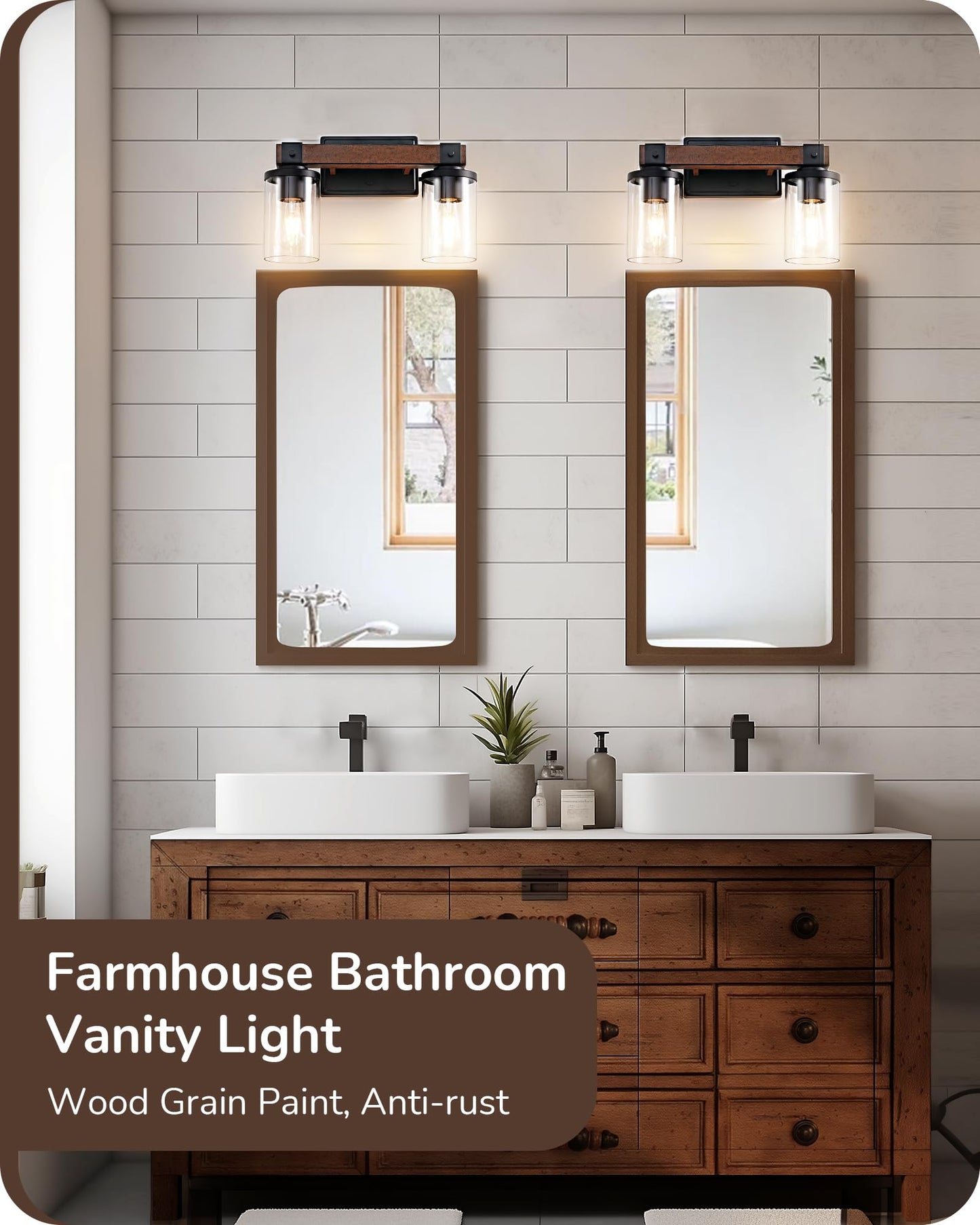 EDISHINE Farmhouse Vanity Lights for Bathroom, 2-Light Bathroom Vanity Light Fixtures Over Mirror, Painted Wood Bath Wall Sconces Lamp with Clear Glass Shade for Bathroom, Powder Room - WoodArtSupply