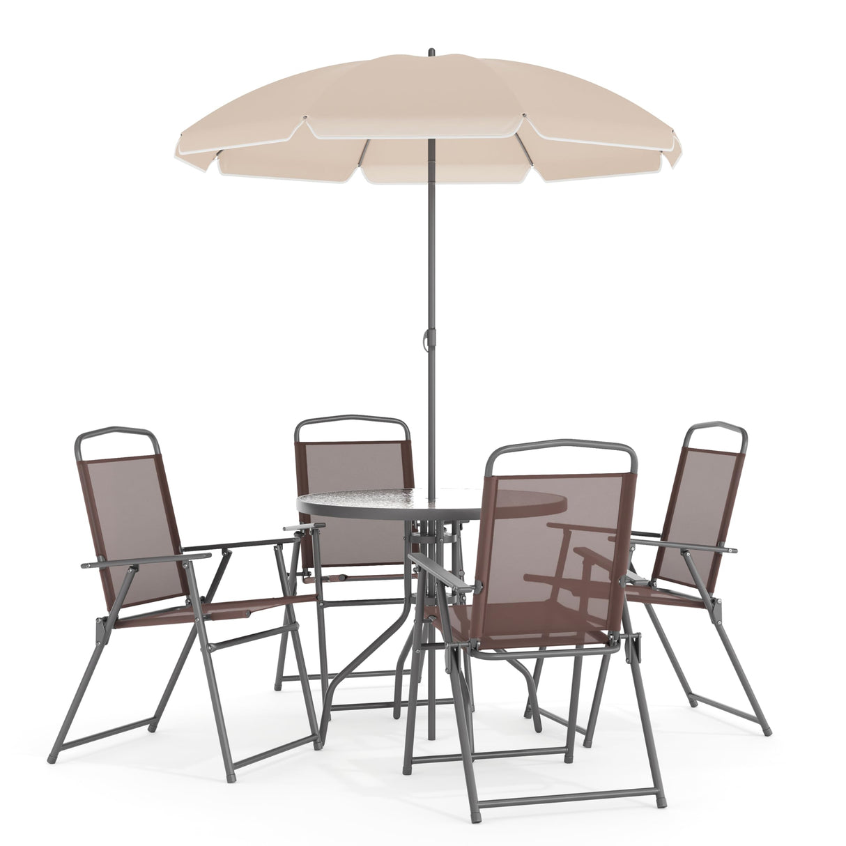 Flash Furniture Nantucket 6-Piece Patio Dining Set with Glass Table, 4 Folding Chairs, and Umbrella, Outdoor Patio Set, Brown Flash Furniture
