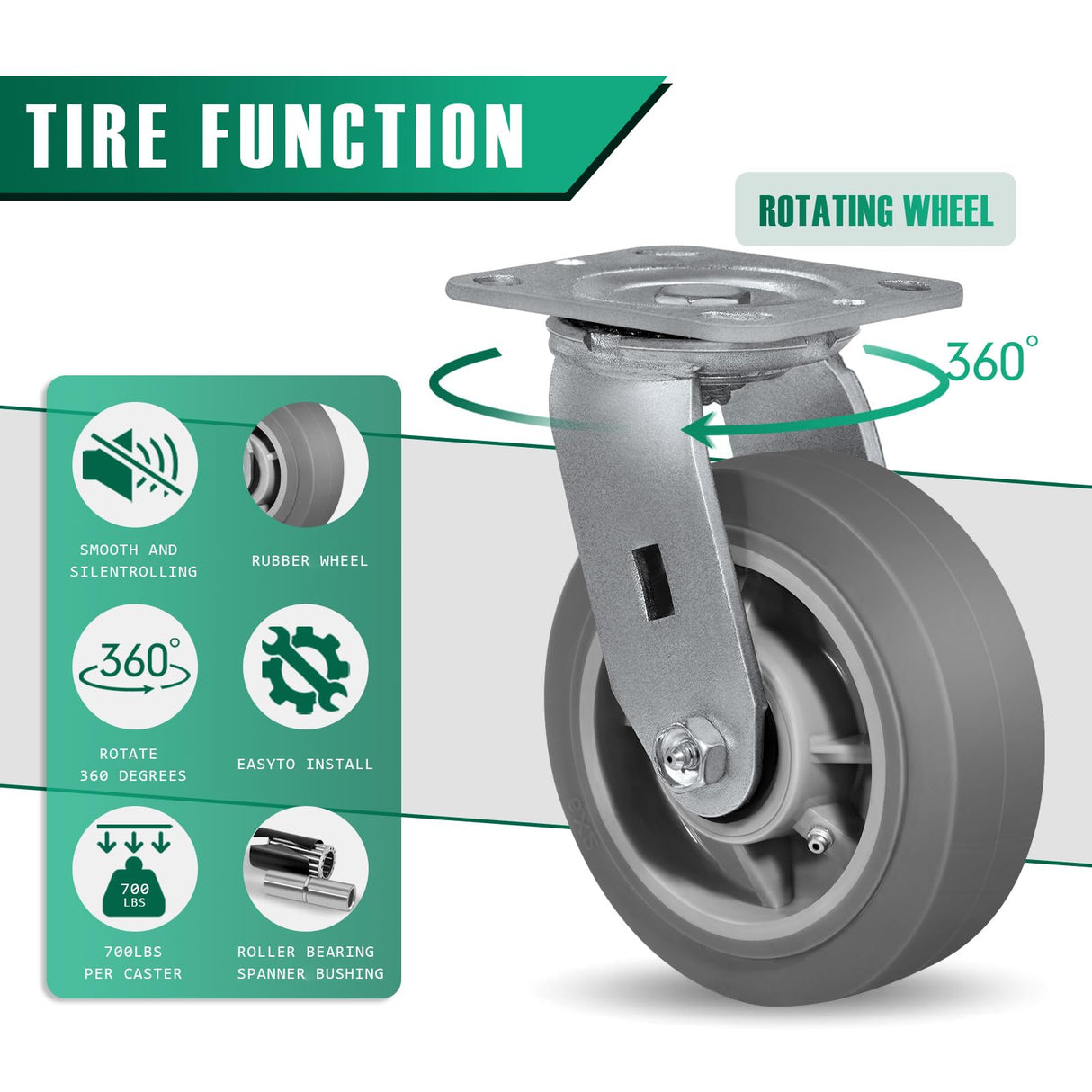 HANDSAMMU 6 Inch Heavy Duty Caster Wheels -Industrial Caster Wheels, Rubber Caster Wheels（Flat Tread） 700 Lbs Per Casters - Use for Dollies, Workbench (1 Swivel) Handsammu