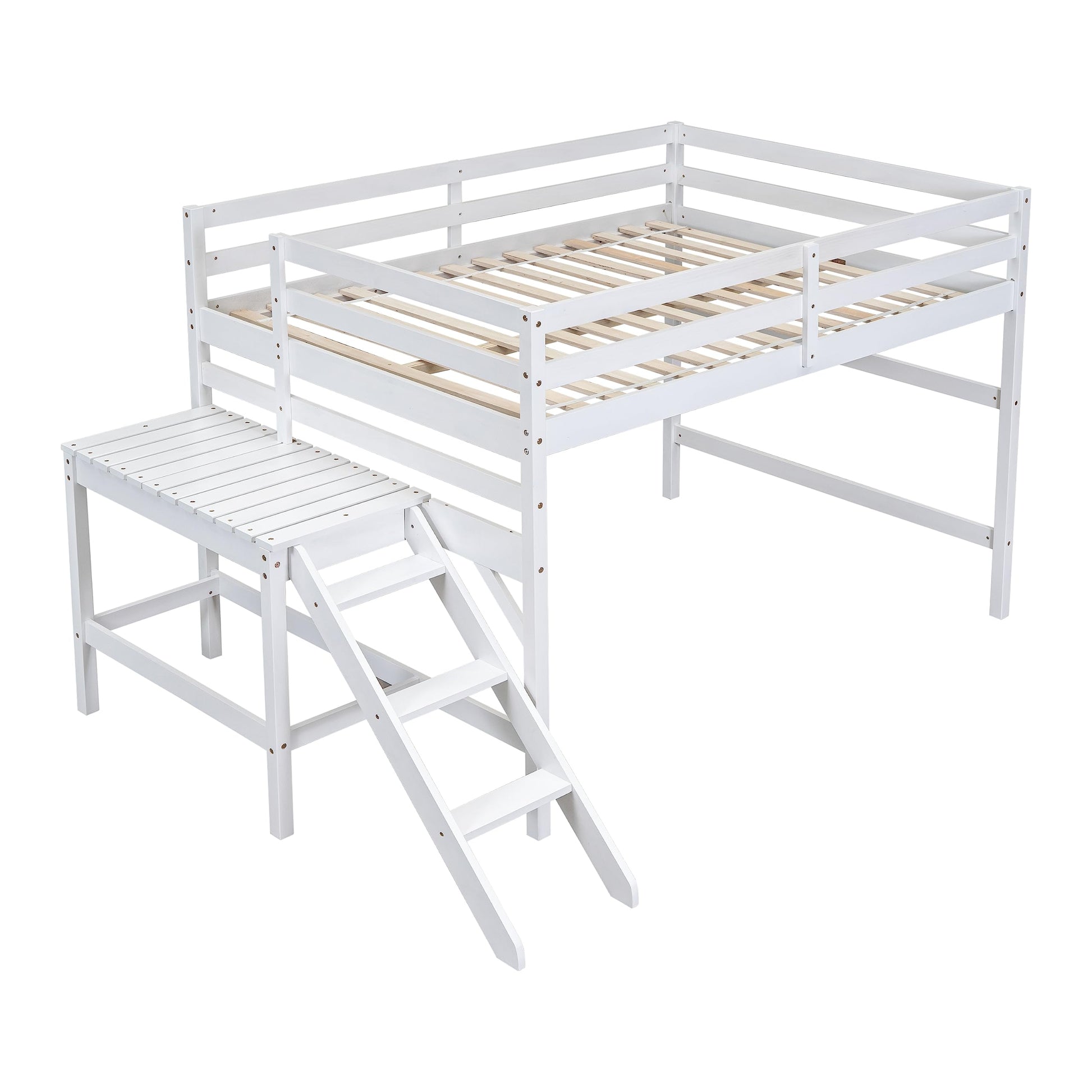 Dolonm White Full Loft Bed with Platform and Ladder – Stylish Low Height Frame for Kids & Adults - WoodArtSupply