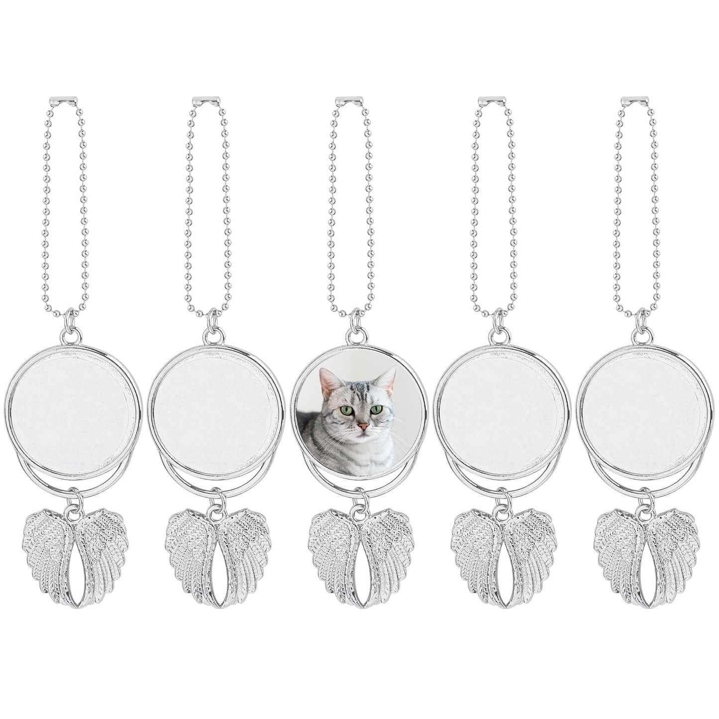 Framendino, 5 Pack Silver Angel Wings Car Hanging Ornament Personalized Car Mirror Hanging Accessories Blank Heat Transfer Photo Frame Keychain for DIY Crafting