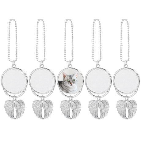 Framendino, 5 Pack Silver Angel Wings Car Hanging Ornament Personalized Car Mirror Hanging Accessories Blank Heat Transfer Photo Frame Keychain for DIY Crafting Framendino