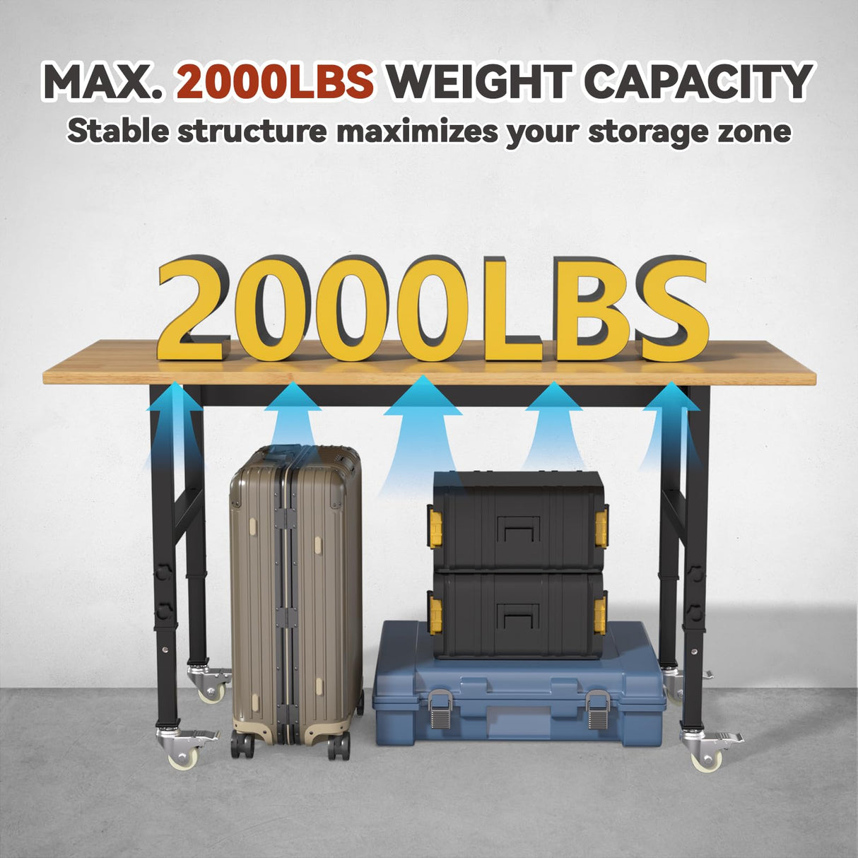 Granper 60" Adjustable Height Workbench, Solid Wood Work Table with Wheels and Power Outlet, 2000 LBS Load Capacity, Heavy-Duty Garage Workbench for Workshop, Office, Home Granper