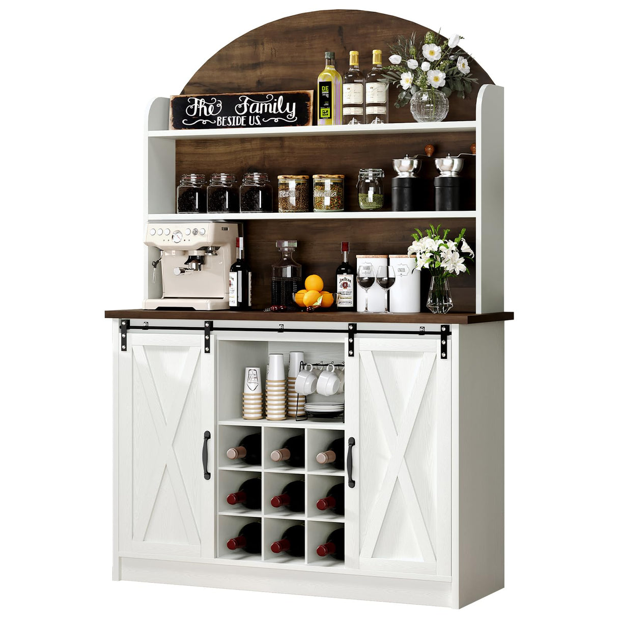 4 EVER WINNER Farmhouse Coffee Bar with 3-Tier Storage, 67” Tall Coffee Bar Cabinet with Sliding Barn Doors, White Buffet Cabinet with Hutch & 9 Wine Racks, White 4 EVER WINNER