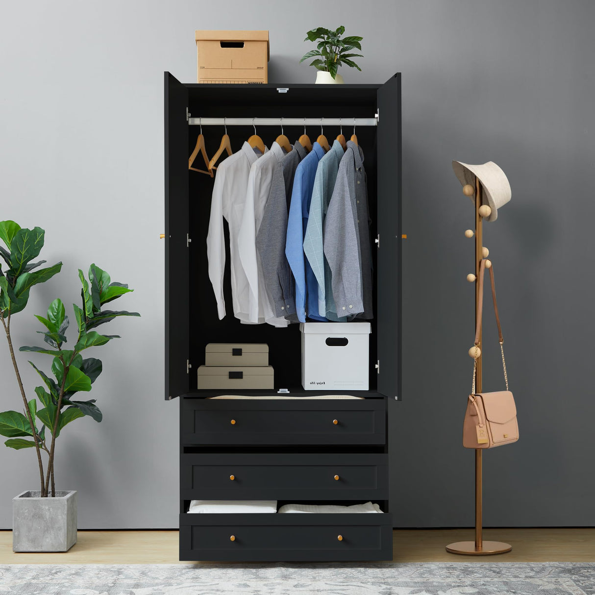 YZRSTY Armoire Wardrobe Closet with 4 Doors and 6 Drawers, 70.87" Tall Wooden Clothes Closet Wardrobe Cabinet, Freestanding Bedroom Storage Armoire for Hanging Clothes, 2-Piece (Black) YZRSTY