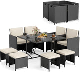 Tangkula 9 Piece Patio Dining Set, Rattan Chairs with Tempered Glass Table & Ottoman, Space Saving Wicker Sectional Conversation Set with Removable Cushions, Outdoor Furniture for Backyard Garden Deck Tangkula