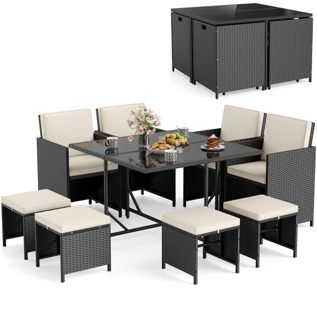 Tangkula 9 Piece Patio Dining Set, Rattan Chairs with Tempered Glass Table & Ottoman, Space Saving Wicker Sectional Conversation Set with Removable Cushions, Outdoor Furniture for Backyard Garden Deck Tangkula