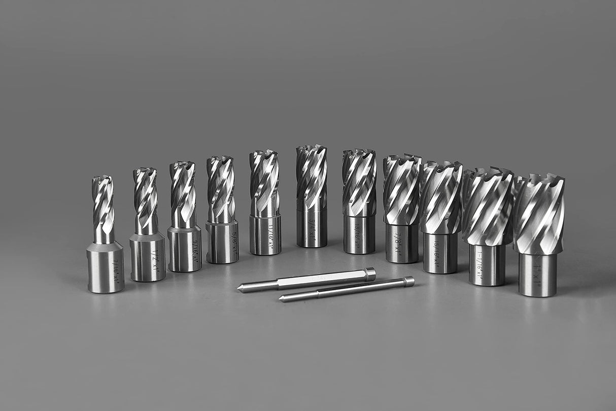 Annular Cutter Set 13 pcs JESTUOUS 3/4 Inch Weldon Shank 1 Cutting Depth and Cutting Diameter from 7/16 to 1-1/16 for Mag Drill Press HSS Standard Kit Two Flat with 2 Pilot Pins JESTUOUS