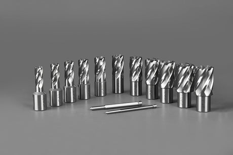 Annular Cutter Set 13 pcs JESTUOUS 3/4 Inch Weldon Shank 1 Cutting Depth and Cutting Diameter from 7/16 to 1-1/16 for Mag Drill Press HSS Standard Kit Two Flat with 2 Pilot Pins JESTUOUS