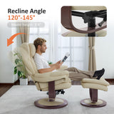 MCombo Oversized Swivel Recliner Chair with Ottoman, Adjustable Backrest, 360° Wood Base, High Seat, Faux Leather Lounge Chair for Tall Users in Living Room Office 4651 (Cream White) MCombo