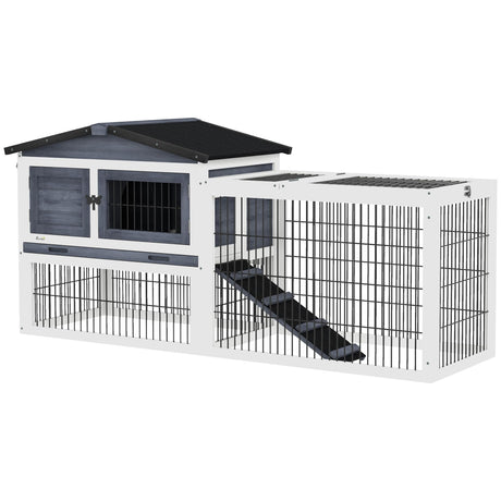 PawHut 2 Levels Outdoor Rabbit Hutch with Openable Top, 59" Wooden Large Rabbit Cage with Run Weatherproof Roof, Removable Tray, Ramp, Dark Gray PawHut