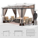 Gotland 10FTx12FT Outdoor Wall-Mounted Hardtop Pergola, Metal Frame Gazebo with Sloping Sun Panel Roof and Double Curtains for Patio, Garden, Lawn, Khaki Gotland