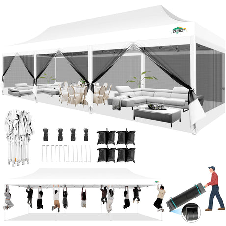 COBIZI 10x30 Pop up Canopy Tent with Sidewalls, Heavy Duty Easy Set up Outdoor Canopy with Mosquito Net Pop up Screen Tent for Parties, Screened in Canopy with Net for Backyard with Roller Bag, White COBIZI