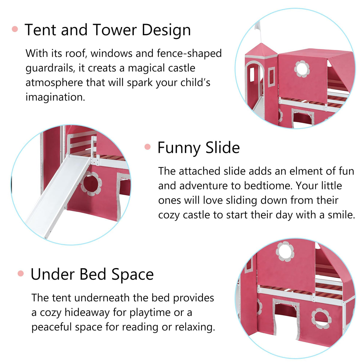 Polibi Castle Loft Bed with Slide & Tent and Tower, Playhouse Design Spacious Under Bed Space with Curtains, Wood Tent Bed Frame for Kids Boys Girls (Pink, Twin) Polibi