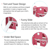 Polibi Castle Loft Bed with Slide & Tent and Tower, Playhouse Design Spacious Under Bed Space with Curtains, Wood Tent Bed Frame for Kids Boys Girls (Pink, Twin) Polibi