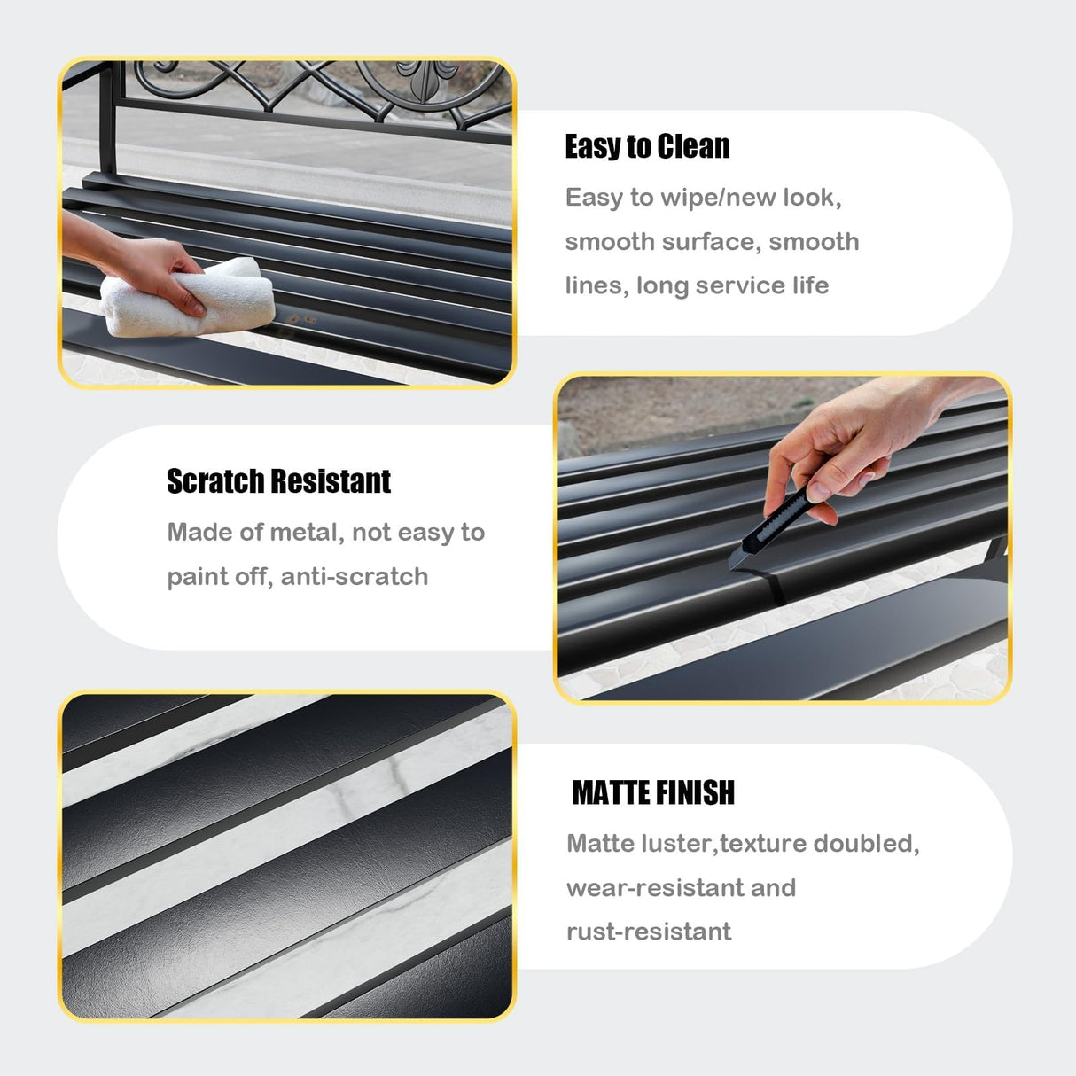 JMGJOY Classic Wrought Iron Outdoor Bench, Metal Weatherproof Garden Bench with Ergonomic Backrest and Armrests, for Patio, Porch, Park, Lawn JMGJOY