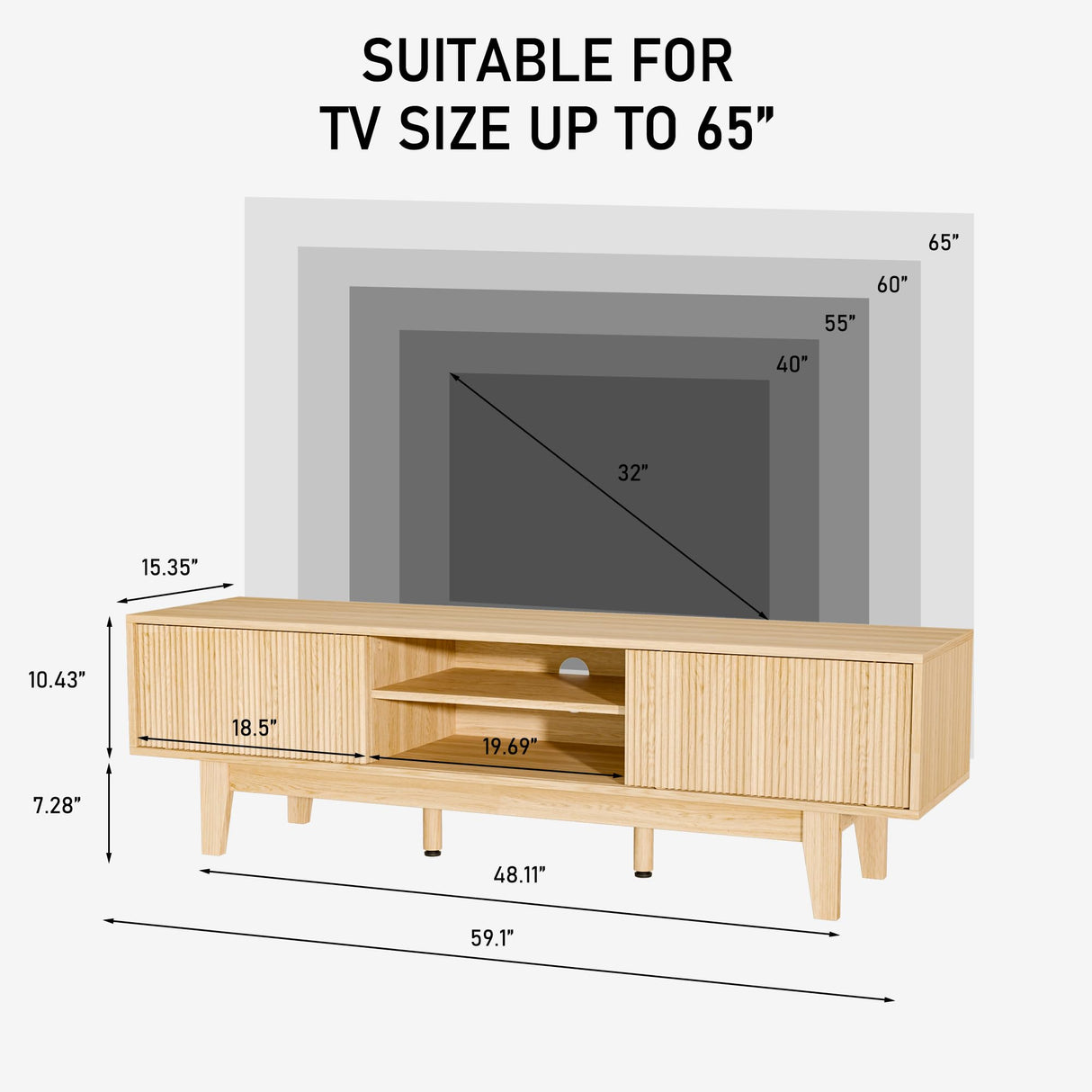 EDWINENE TV Stands for 55 60 65 inch TV, Oak Fluted TV Stand for Living Room Bedroom, Mid Century Modern TV Console Tables, Entertainment Center with Storage Cabinet, Sliding Doors and Open Shelves EDWINENE