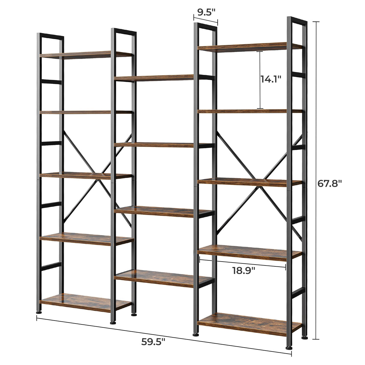 SUPERJARE Triple 5 Tier Bookshelf, Bookcase with 14 Open Display Shelves, Wide Book Shelf Book Case for Home & Office, Rustic Brown SUPERJARE