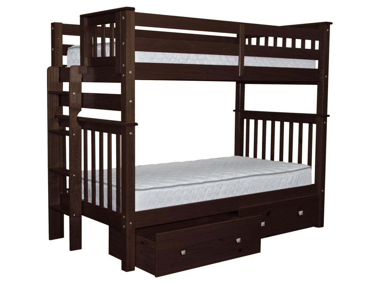 Bedz King Tall Bunk Beds Twin over Twin Mission Style with End Ladder and 2 Under Bed Drawers, Dark Cherry Bedz King