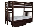 Bedz King Tall Bunk Beds Twin over Twin Mission Style with End Ladder and 2 Under Bed Drawers, Dark Cherry Bedz King