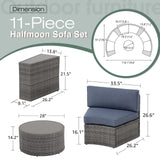 SUNSITT Outdoor Patio Furniture 11-Piece Half-Moon Sectional Round Patio Furniture Set Curved Outdoor Sofa with Tempered Glass Round Coffee Table, 4 Pillows, Grey Rattan & Denim Blue Cushion SUNSITT