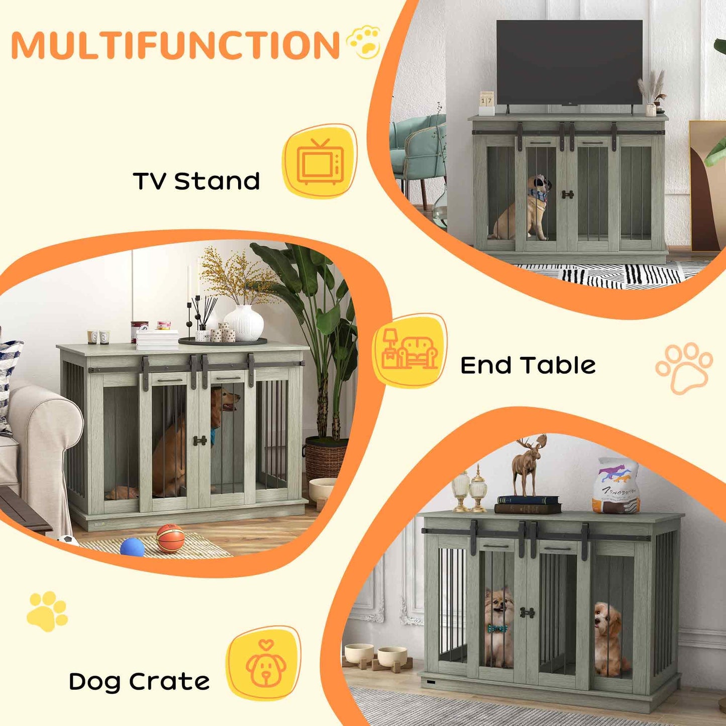 PawHut Dog Crate Furniture with Divider, Dog Crate End Table for Small to Large Dogs, Large Indoor Dog Kennel with Double Doors, 47" W x 23.5" D x 35" H, Gray