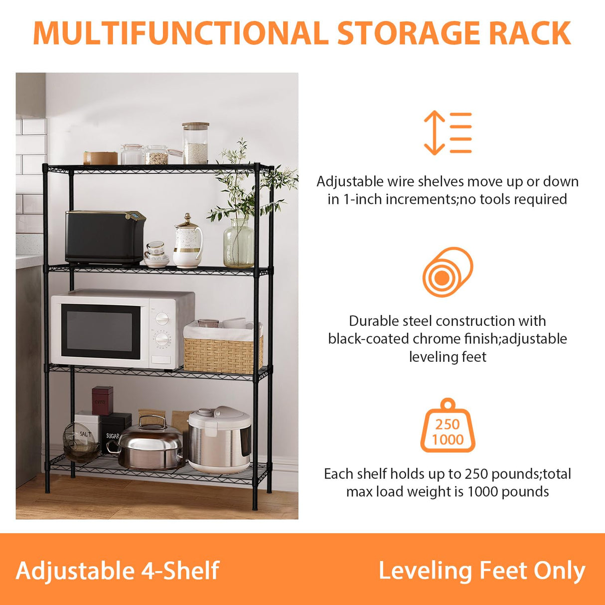 4-Tier Storage Shelves, 36Lx14Wx54H Wire Rack, Height-Adjustable Metal Shelving, Max Load 1000 LBS, Laundry to Garage, Black MKDLUFEI