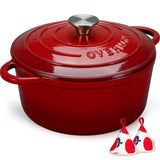Overmont Enameled Cast Iron Dutch Oven - 5.5QT Pot with Lid Cookbook & Cotton Potholders - Heavy-Duty Cookware for Braising, Stews, Roasting, Bread Baking red Overmont