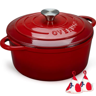 Overmont Enameled Cast Iron Dutch Oven - 5.5QT Pot with Lid Cookbook & Cotton Potholders - Heavy-Duty Cookware for Braising, Stews, Roasting, Bread Baking red