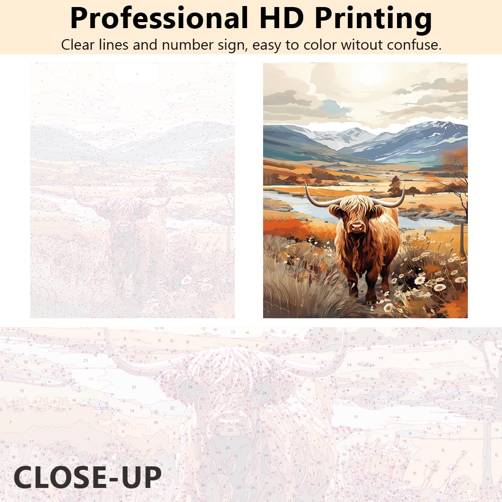 TUMOVO DIY Paint by Numbers for Adults with Brushes Highland Cow Oil Hand Painting Animals Adult Paint by Number Landscape Paint by Number Kits on Canvas Art Crafts 16"x20"(Frameless) TUMOVO
