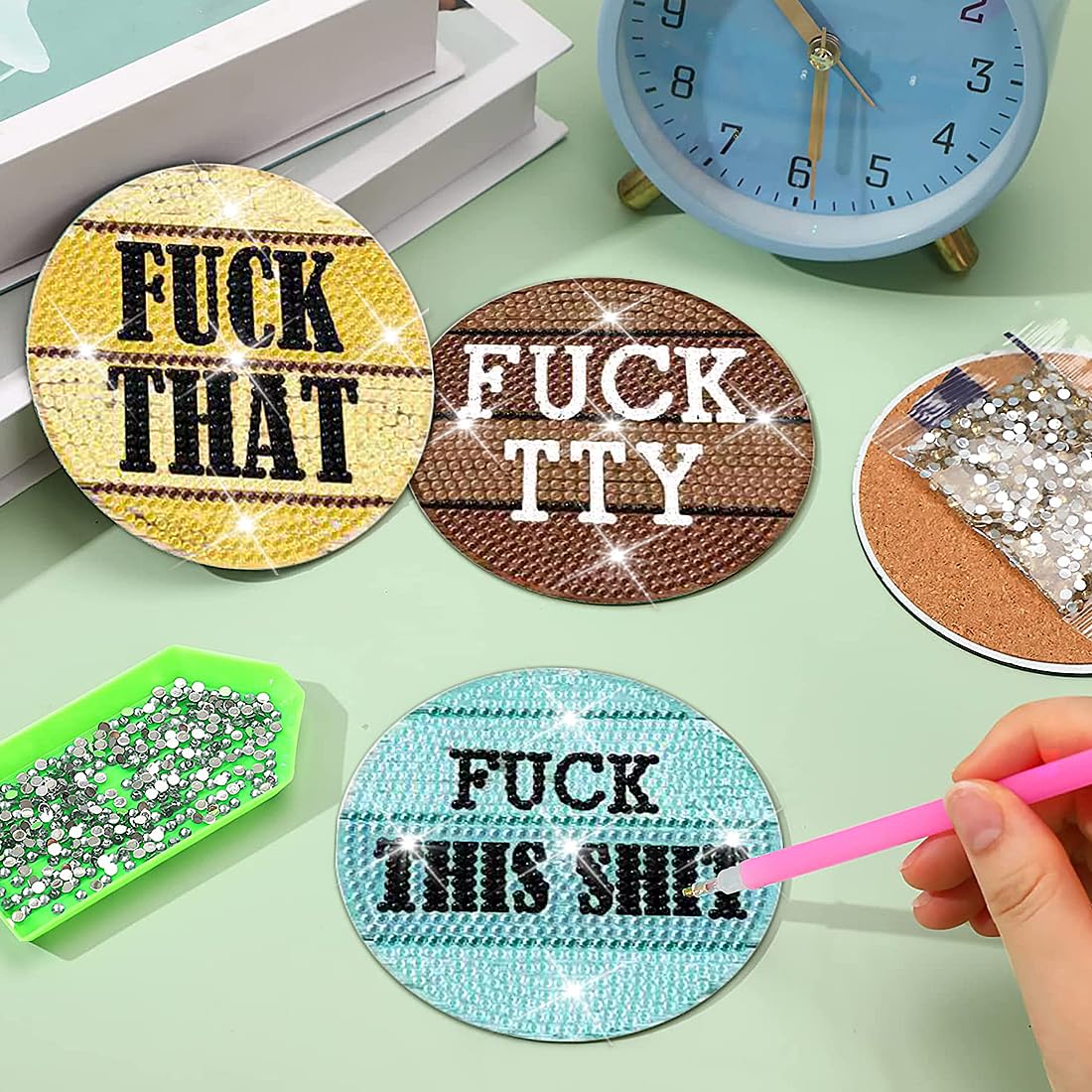 8 PCS Funny Diamond Art Coasters Kits with Holder - DIY Farmhouse Rustic Coasters for Beginners, Adults, Kids clothmile