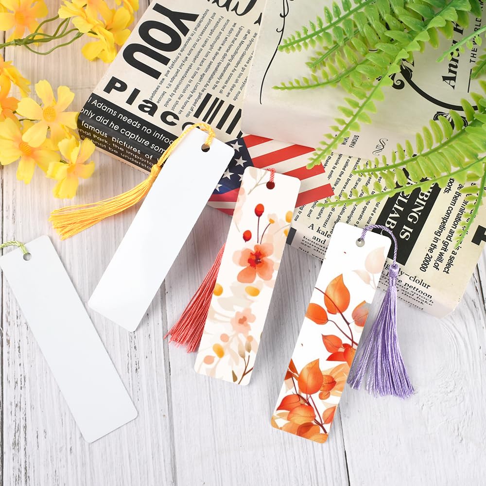 VYNYJOAN Sublimation Blank Bookmarks 15pcs Double-Side Heat Transfer Metal Bookmarks with Tassels DIY Projects (12cm x 3.2cm)