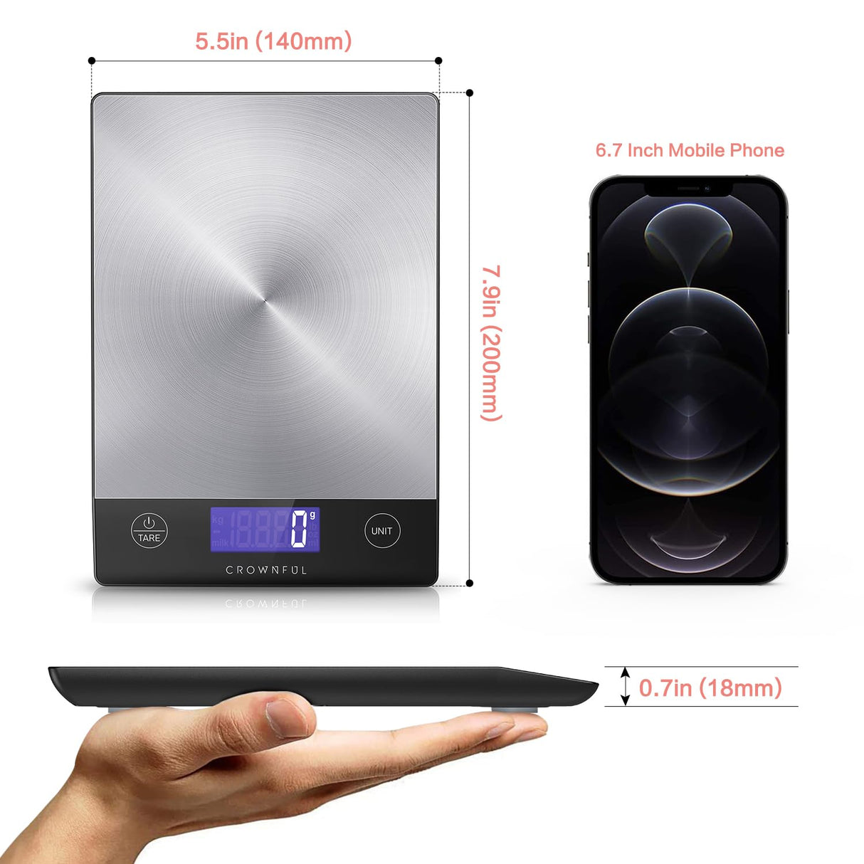 CROWNFUL Food Scale, Rechargeable 304 Stainless Steel Digital Kitchen Scale Upto 33lb Weight Grams and Ounces with LCD Display and Type-C Charging for Baking and Cooking CROWNFUL