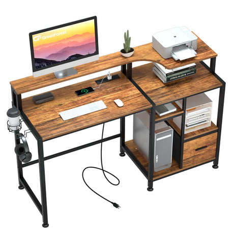GreenForest Computer Desk with Drawers, Home Office Desk with Printer Shelf, 55 inches Desk with Storage, Writing Study Desk with Monitor Stand, Small Work Desk for Bedroom, Walnut GreenForest