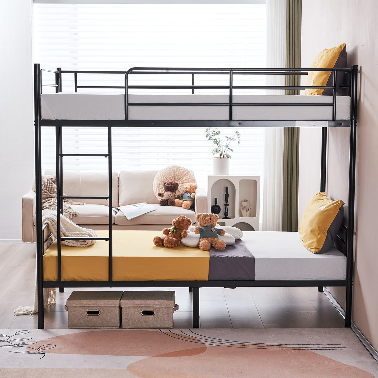 Karl home Black Bunk Bed Twin Over Twin, Metal Bunk Bed with Built-in Ladder and Safety Guardrail, Space-Saving Twin Bunk Beds for Kids, Teens & Adults, No Box Spring Karl home