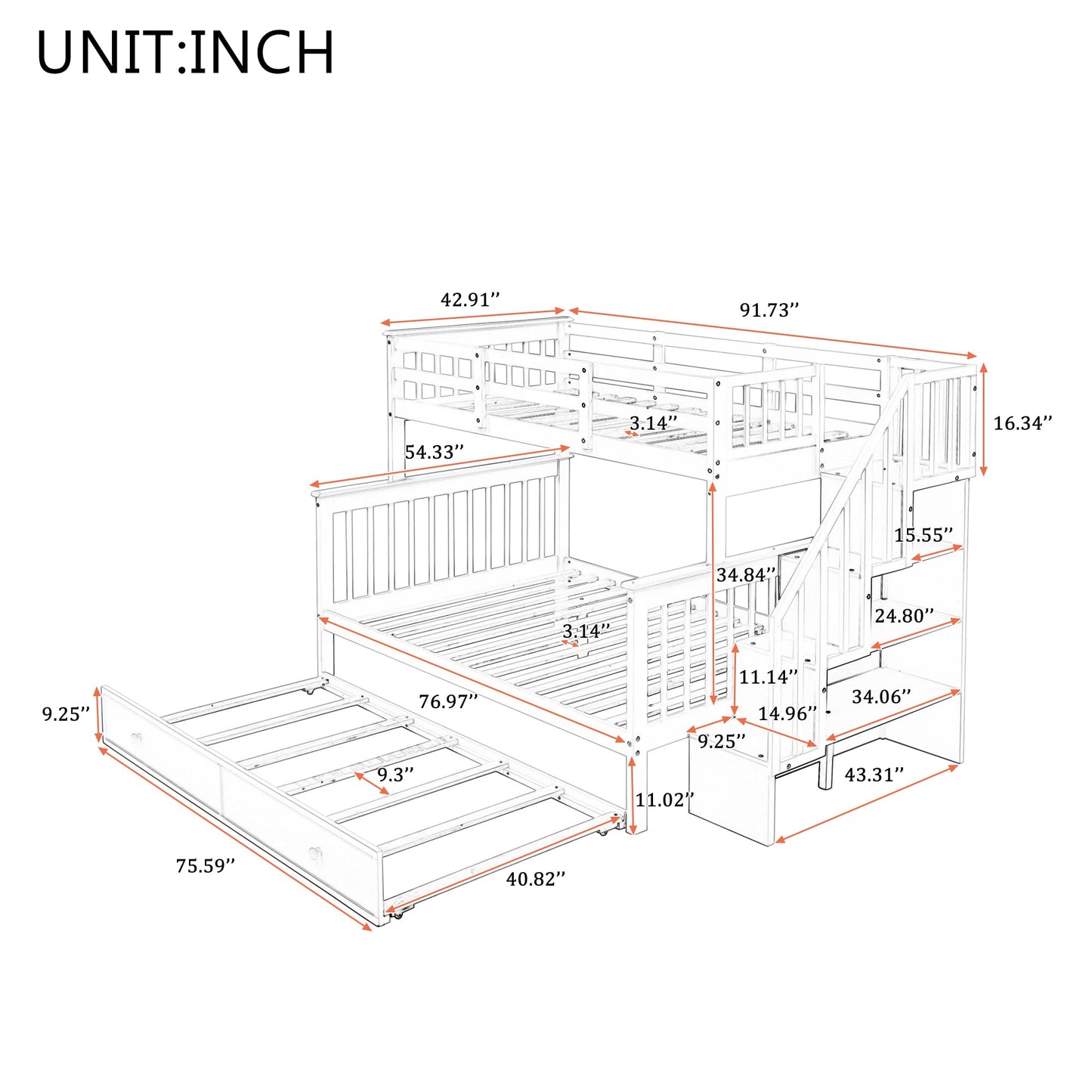 MERITLINE Twin Over Full Bunk Bed with Twin Size Trundle, Wooden Bunk Bed with Stairway, Storage and Guard Rail for Kids, Adults (Gray)