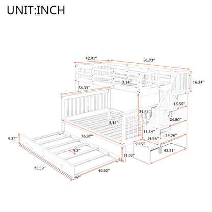 MERITLINE Twin Over Full Bunk Bed with Trundle, Wooden Bunk Bed with Stairway, Storage and Guard Rail for Kids, Adults (White)