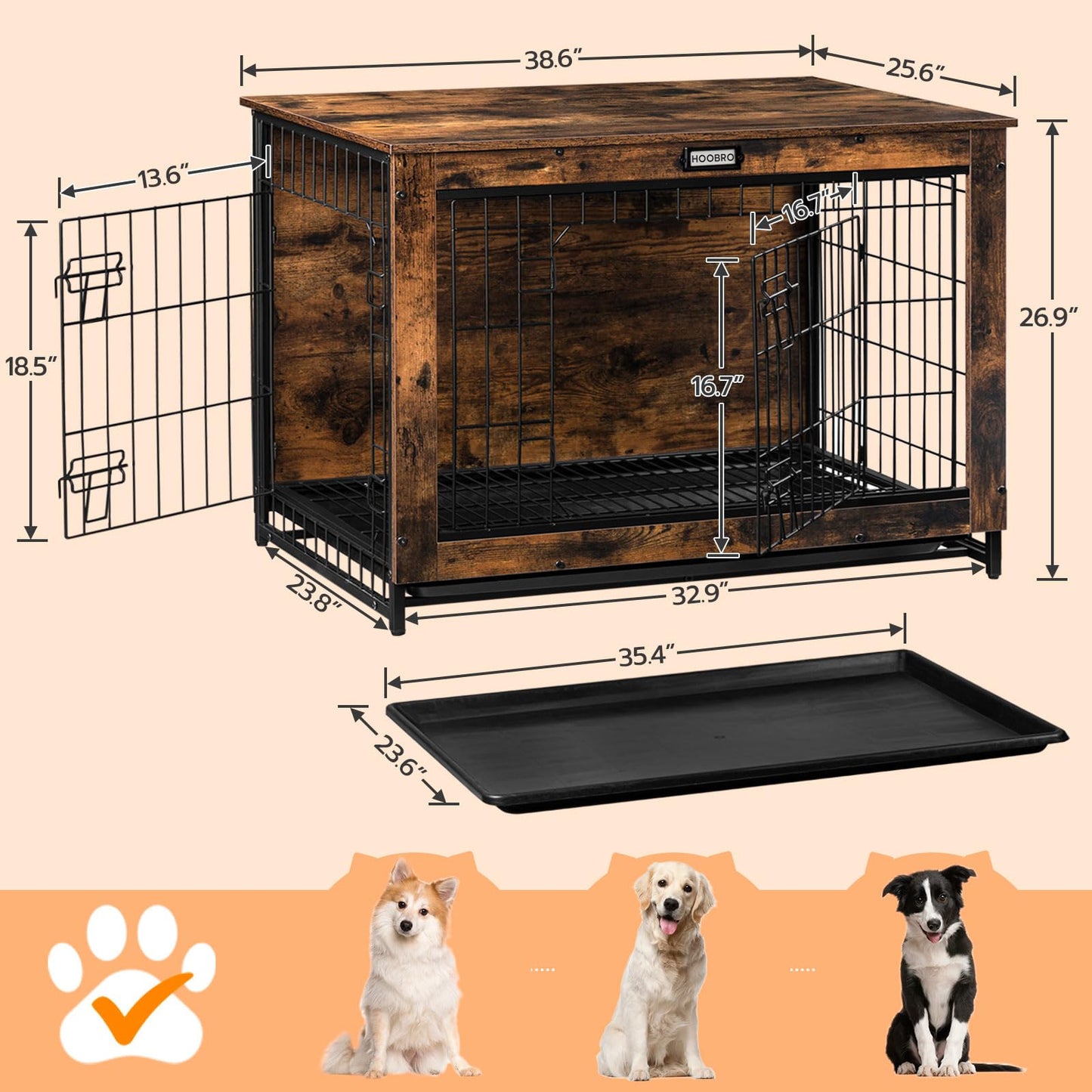 HOOBRO Dog Crate Furniture, Large Dog Kennel Indoor, 38.6" Wooden Pet Furniture with Pull-Out Tray, Double Door Modern Side End Table for - WoodArtSupply