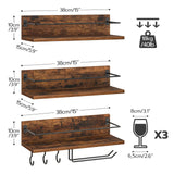 HOOBRO Wall Mounted Wine Rack 3 Pack, Wine Shelf Hanging Floating Wall Shelves, Wine Glass Bottle Rack Stemware Holder, for Living Room, Dining Room, Kitchen, Rustic Brown and Black BF33BJ01 HOOBRO