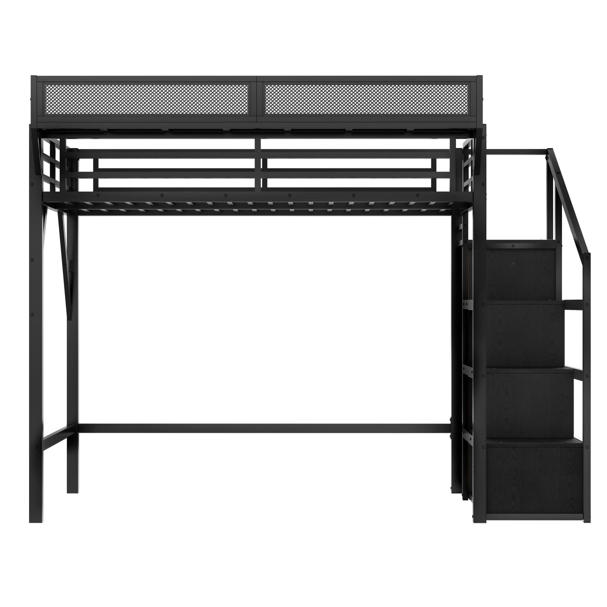 Metal Queen Size Loft Bed with Stairs and Wardrobe,Heavy Duty Loft Bed Frame with LED Lights and Charging Station for for Kids, Teens, Adults,Black Woodgrain Bellemave